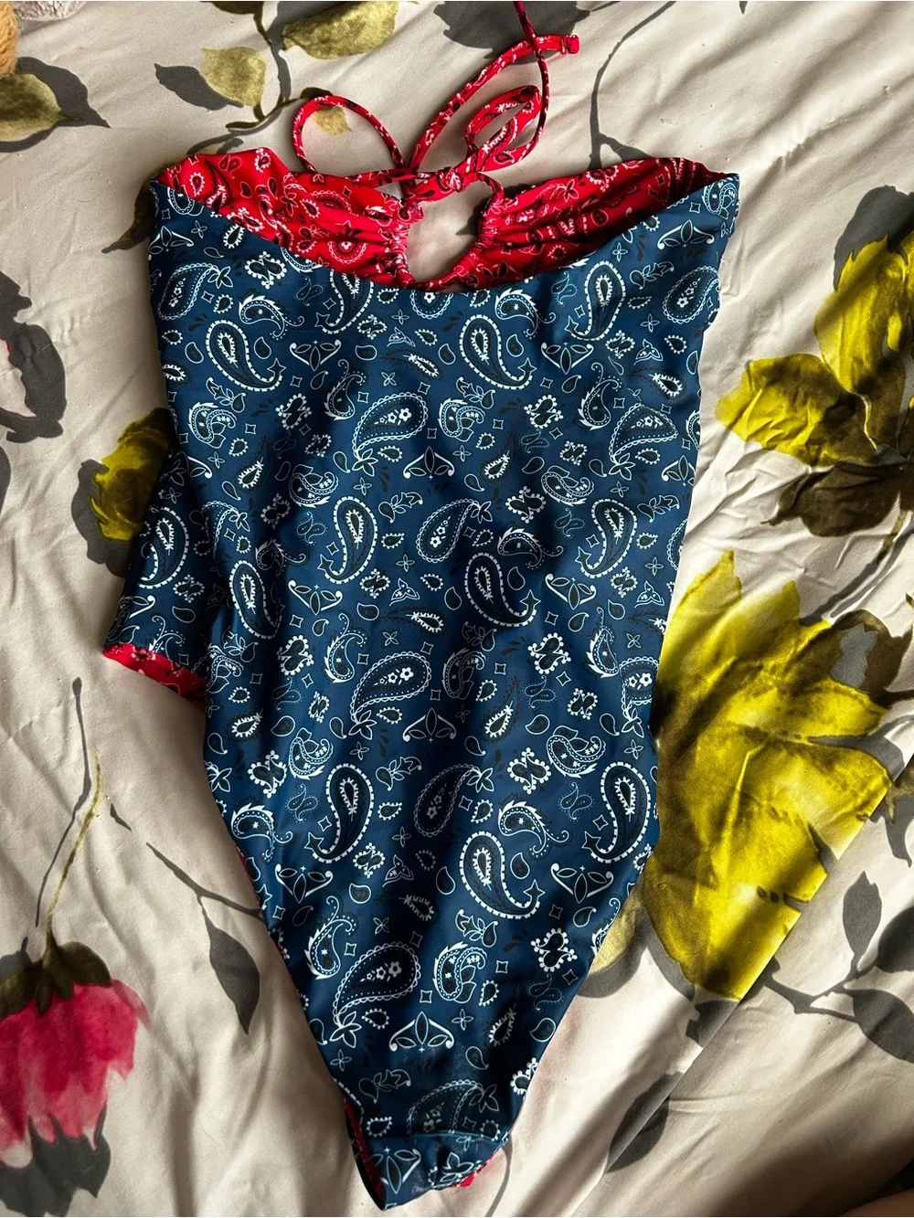 Red Paisley One-Piece Swimsuit - Cute Bandana Print- Reversible